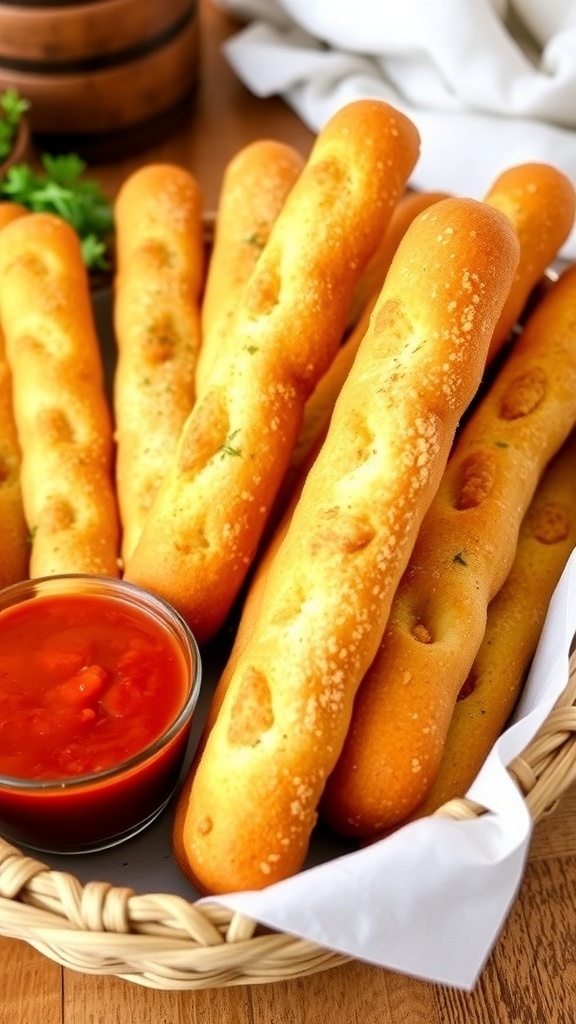Gluten-Free Breadsticks Recipe Freshly baked gluten-free breadsticks in a basket with marinara sauce on the side.